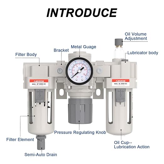 AIRZOE 3/8” NPT Air Compressor Filter, Regulator and Lubricator Combos FRL - Water Oil Trap Separator AC3000-03, 5 Micron Brass Element, Semi-Auto Drain, 0-150 psi Gauge