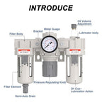 AIRZOE 3/8” NPT Air Compressor Filter, Regulator and Lubricator Combos FRL - Water Oil Trap Separator AC3000-03, 5 Micron Brass Element, Semi-Auto Drain, 0-150 psi Gauge