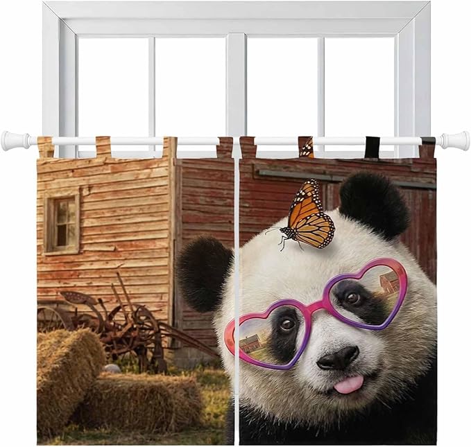 Farm Panda Bedroom Curtains 63 Inch Length, Window Curtains Tab Top, Farmhouse Barn Funny Animals Butterfly Light Filtering Window Treatments Drapes 42"x63" 2 Panel