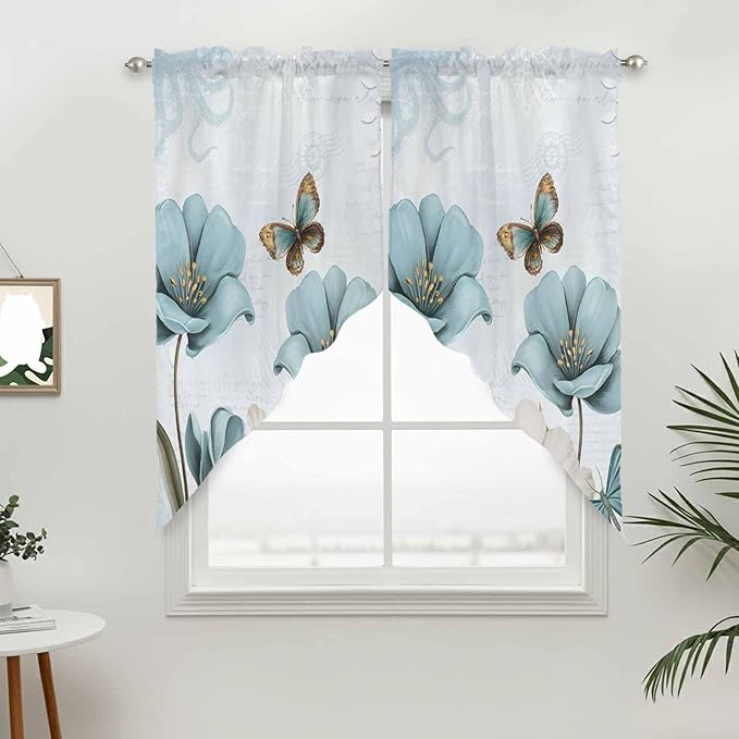 Blue Tulips Swag Valances for Windows, Watercolor Flowers Butterfly Spring Farmhouse Blue Rod Pocket Kitchen Curtains Valance, Kitchen Window Curtains Swag for Cafe Living Room, 2 Panels, 36x63 inch