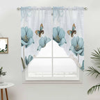 Blue Tulips Swag Valances for Windows, Watercolor Flowers Butterfly Spring Farmhouse Blue Rod Pocket Kitchen Curtains Valance, Small Window Curtains Swag for Cafe Living Room, 2 Panels, 28x36 inch