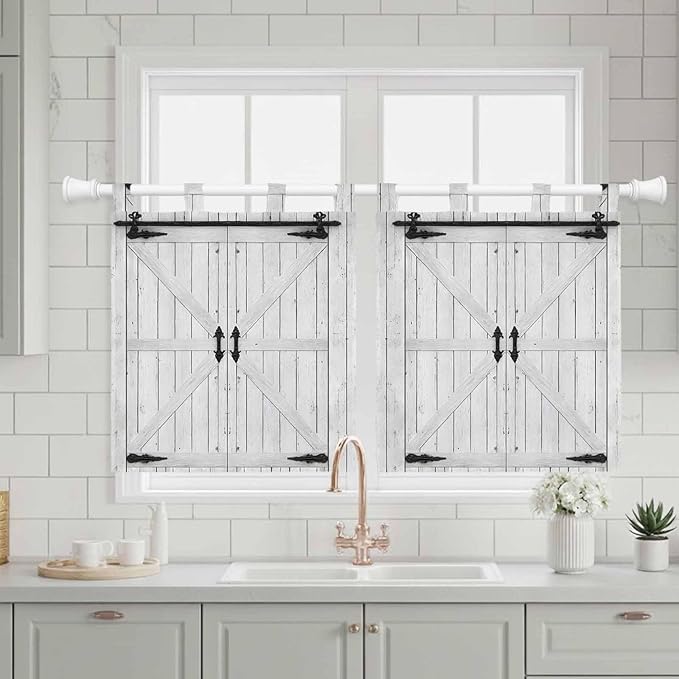Farmhouse Wood Grain Kitchen Curtains 36 Inch Length, Small Window Curtains Tab Top, Vintage Country Barn Gate Grey Light Filtering Short Window Treatments Tier Drapes 27.5"x36" 2 Panel