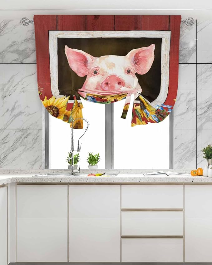 Tie Up Curtains for Windows, Pigs Sunflowers Adjustable Balloon Nature Linen Textured Kitchen Curtain, Farmhouse Red Barn Flowers Animals Tie Up Light Filtering Curtains for Decor, 34 x 45 in