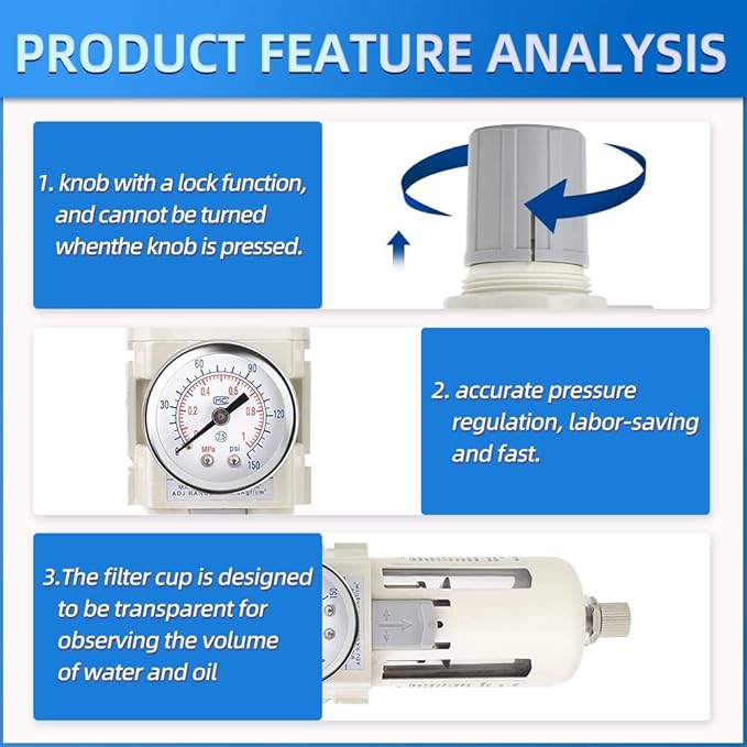 MEANLIN Air Compressor Moisture Filter, AW3000 Air Line Filter, 3/8" NPT Inlet with 150 PSI Gauge and Valve Shut Off Switch for Air Tools and Spray Paint Gun