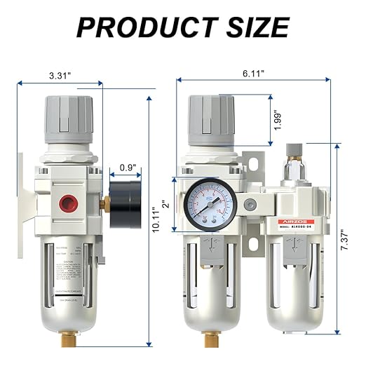 AIRZOE 1/2" NPT Compressed Air Filter Regulator Lubricator Combo, Air Compressor Water Separator AC4010-04,5 Micron Brass Element Semi-Auto Drain,0-145 psi Gauge