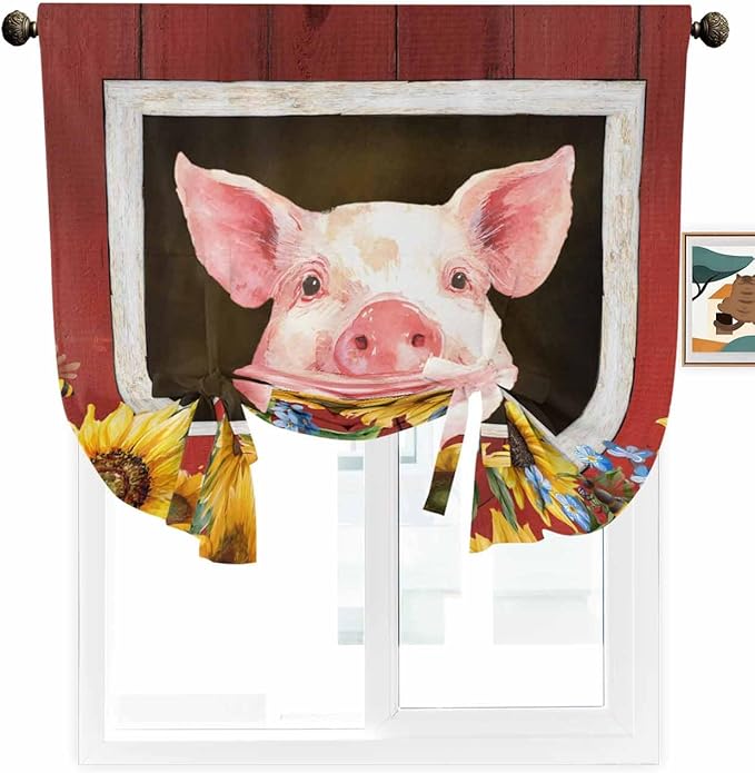 Tie Up Curtains for Windows, Pigs Sunflowers Adjustable Balloon Nature Linen Textured Kitchen Curtain, Farmhouse Red Barn Flowers Animals Tie Up Light Filtering Curtains for Decor, 34 x 45 in