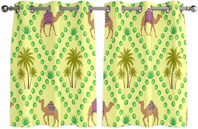 2 Panel Kitchen Cafe Curtains, Desert Sand Camels Sunlight Filtering Nature Air Through, Window Decor Tier Curtains for Living Room 104W x 52L inch Palm Trees Tropical Plants Polka Dot Yellow