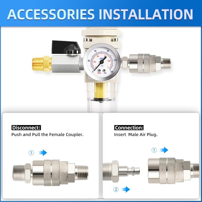 MEANLIN Air Compressor Moisture Filter, Automatic Drain Air Line Filter AW2000-02D, 1/4" NPT Inlet with 150 PSI Gauge and Valve Shut Off Switch for Air Tools and Spray Paint Gun