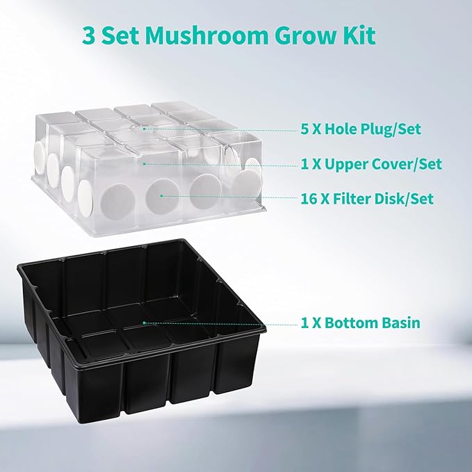 3 Set Mushroom Grow Kit Monotub with Filter Disks 43.5 Quart Vegetable Planting Tray Mini Greenhouse Germination Box for Seeds Growing Starting
