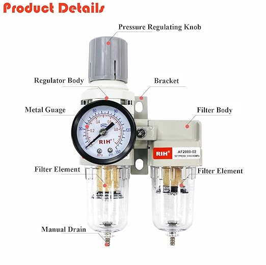 RIH Air Dryer System -1/4" NPT Double Air Filters-5 Micron Particulate Filter& Air Pressure Regulator - Gauge(0-150 psi), Semi-Auto Drain, Poly Bowl,Bracket - 3 in 1 Two Unit (1/4" NPT)