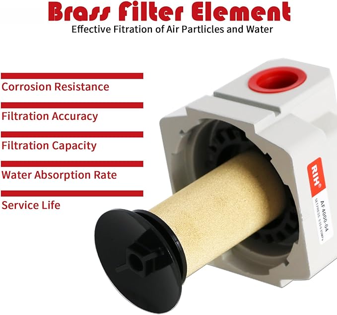 RIH 1/2" NPT Air Dryer for Compressor, Air compressor water separator,air compressor filter,AF4000-04 Manual Drain,5 Micron Brass Element, Poly Bowl 0-150 psi 5μm