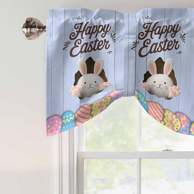 Blue Easter Tie Up Valance Curtains for Windows, Kitchen Curtains Window Shades, Spring Cartoon Bunny Colorful Eggs Wood Grain Light Filtering Roman Curtain Valances for Bedroom/Bathroom/Cafe 60"x18"