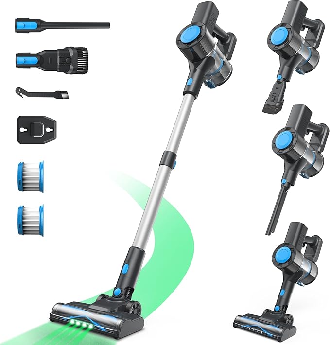 Cordless Vacuum Cleaner, Powerful Lightweight Stick Vacuum with Self-Standing, Anti-Tangle, 8-in-1 Rechargeable Vacuum Cleaners for Home, Hardwood Floors, Carpet, Pet Hair (Blue)