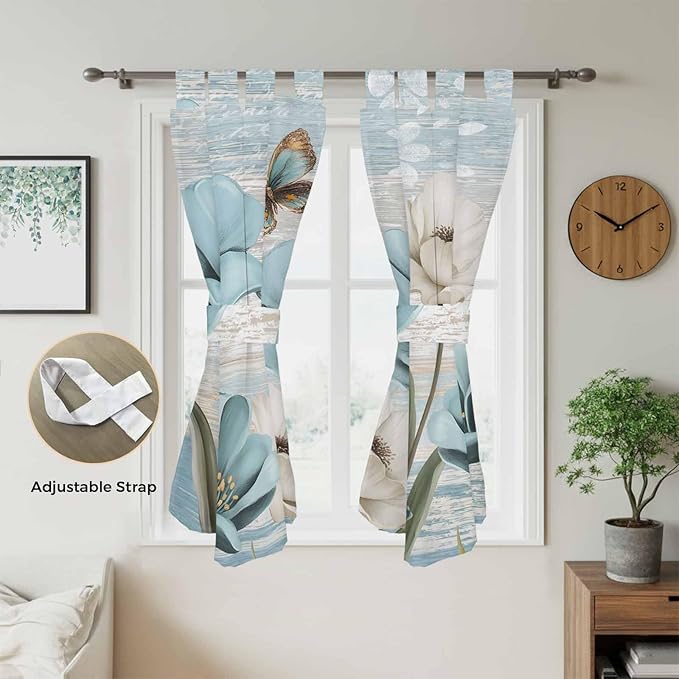 Spring Floral Bedroom Curtains 72 Inch Length, Window Curtains Tab Top, Vintage Tulips Flower Butterfly Retro Wood Blue Light Filtering Window Treatments Drapes 52"x72" 2 Panel