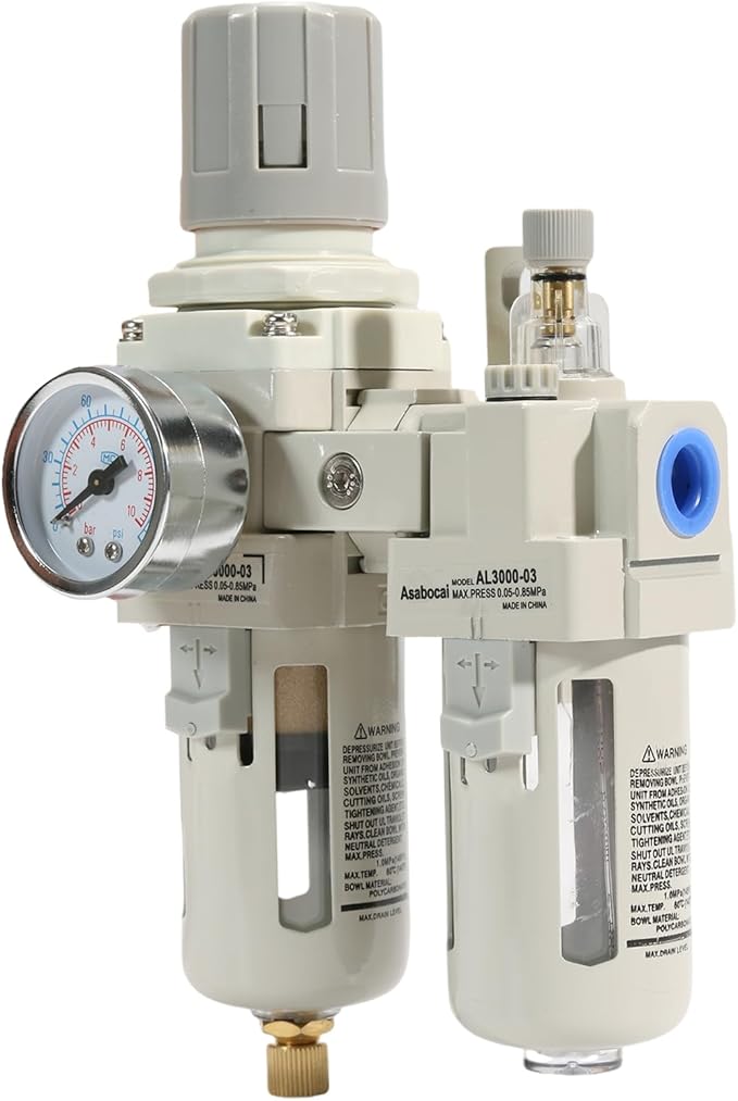 3/8" NPT Compressed Air Filter Regulator Lubricator Combo, Water/Oil Trap Separator with Pressure Gauge（0-150 PSI）, 5 Micron Brass Element, Manual Drain, Metal Bracket，3 in 1 FRL