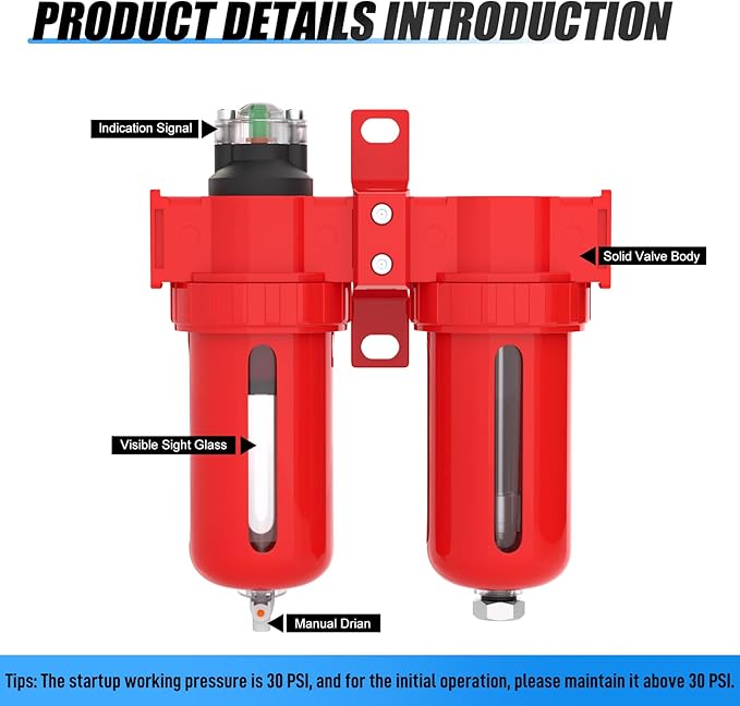 1/2" NPT Aluminium Air Drying System, Coalescing Filter, Desiccant Dryer and Air Regulator, Manual Drain, with 150 PSI Gauge and Valve Shut Off Switch for Plasma Cutter and Paint Spray