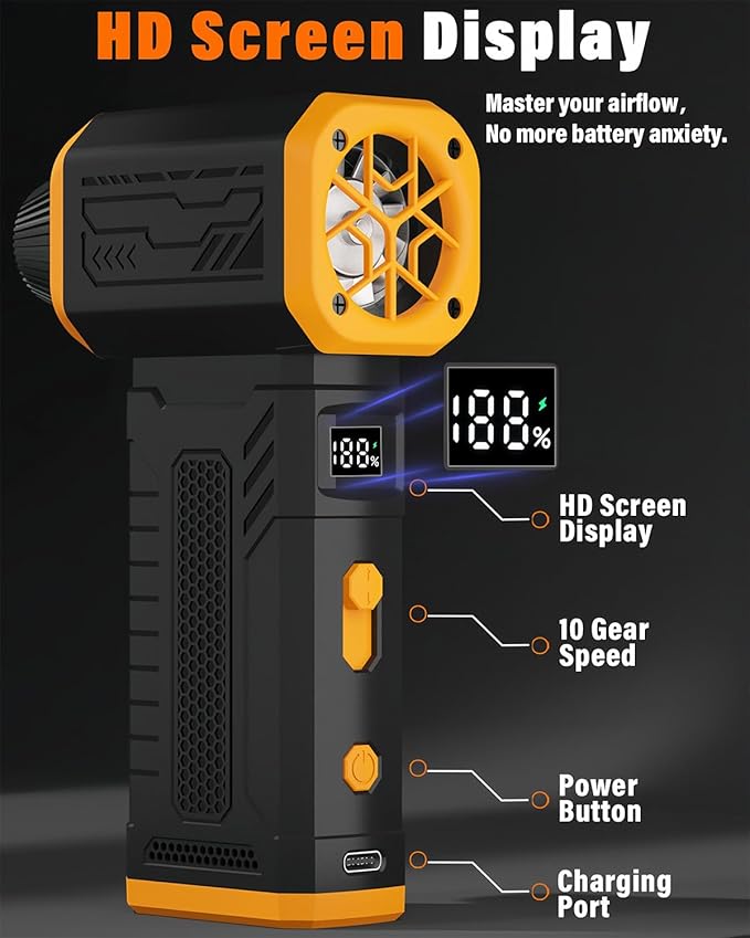 Compressed Air Duster, 130K RPM Powerful Cordless Electric Mini Blower with Display, 10-Gear Adjustable Jet Fan with Fast Charging, Rechargeable Dust Blower for Home, Outdoor and Car (Black, Blow)