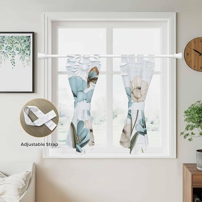 Blue Tulips Bedroom Curtains 63 Inch Length, Window Curtains Tab Top, Watercolor Flowers Butterfly Spring Farmhouse Blue Light Filtering Window Treatments Drapes 42"x63" 2 Panel