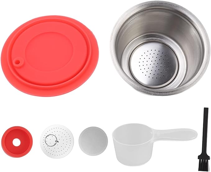 Reusable Coffee Capsule, Stainless Steel Coffee Filter Cup Set, Coffee Capsule Cup with Pressed Powder Cover for Coffee Maker (Red)