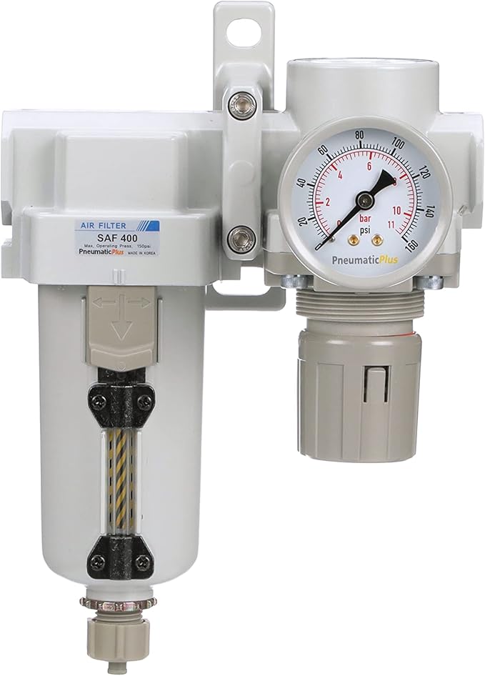 PneumaticPlus SAU420-N04G-MEP Compressed Air Filter Regulator Combo 1/2" NPT - Metal Bowl, Manual Drain, Bracket, Gauge