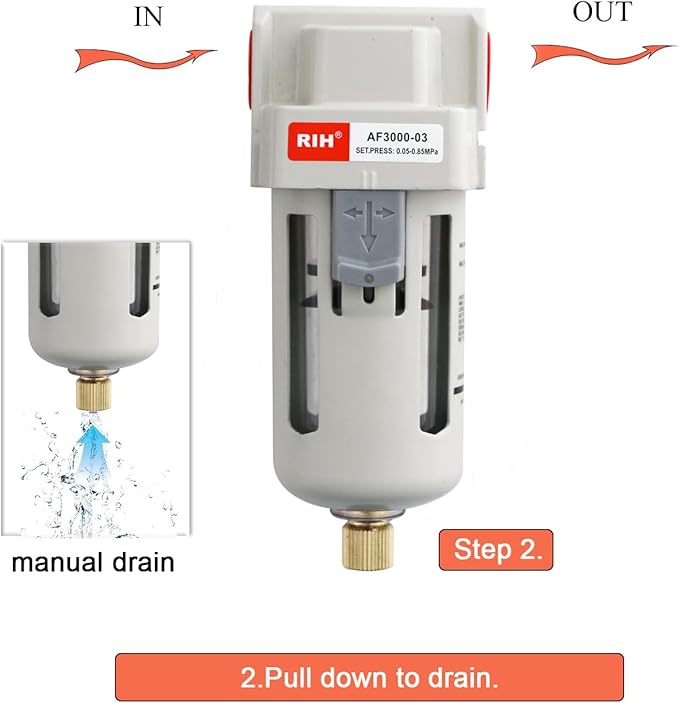 RIH 3/8" NPT Air Dryer for Compressor, Air compressor water separator,air compressor filter,AF3000-03 Manual Drain,5 Micron Brass Element, Poly Bowl 0-150 psi 5μm.