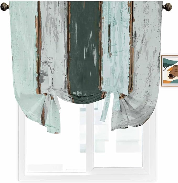 Tie Up Curtains for Windows, Blue Teal Adjustable Balloon Nature Linen Textured Kitchen Curtain, Vintage Wooden Retro Art Farmhouse Barns Room Darkening Curtains for Glass Door, 42 x 45 in