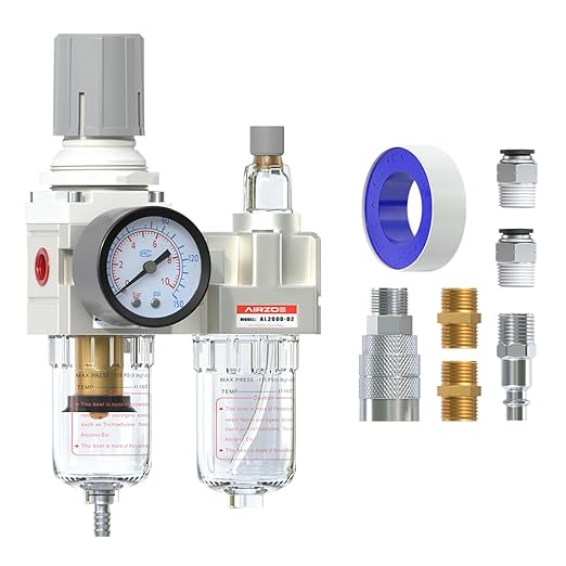 AIRZOE 1/4" NPT Compressed Air Filter Regulator Lubricator Combo, Air Compressor Water Separator AC2010-02,5 Micron Brass Element Semi-Auto Drain,0-145 psi Gauge
