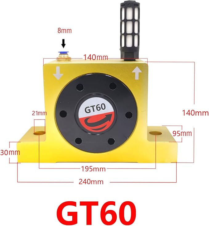 GT60 Industrial Turbine Vibrator, G 1/2" Pneumatic Compressed Air Power Wheel Type Silent Golden Vibrator with Muffler