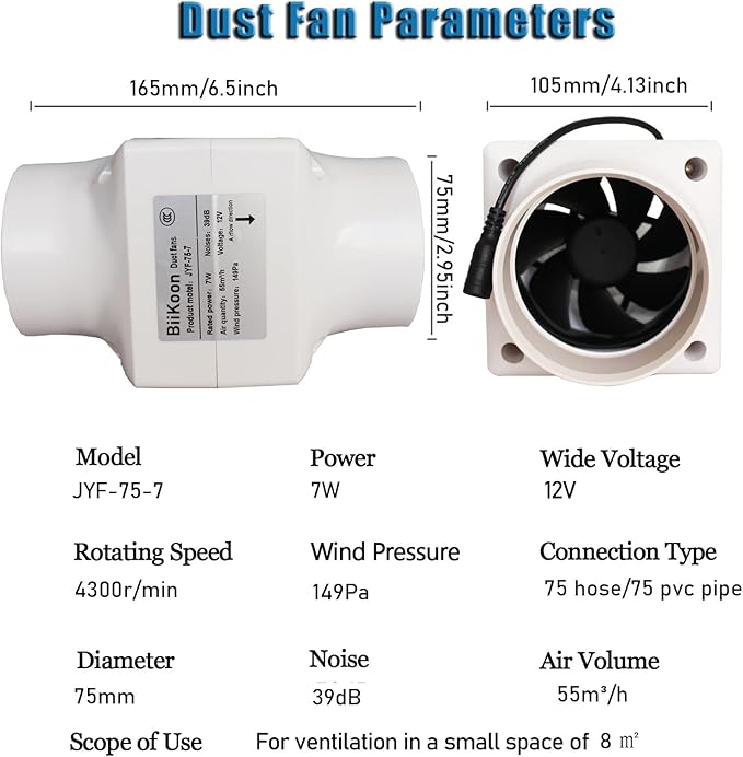 12V 3 Inch Inline Duct Fan Ventilation Exhaust Booster 32cfm Air Cooling Vent Fan 7W Blower for Carbon Filter Vents Grow Tents Basements (Color : Adjustable Speed, Size : 7w)