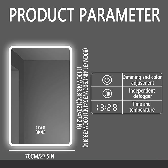 Backlit LED Illuminated Bathroom Mirror with LED Lights, Lighted Bathroom Makeup Wall Mounted Mirror with Demister Pad, Sensor Touch Switch, Horizontal/Vertical(H70*W100CM/H27.5*W39.3IN)