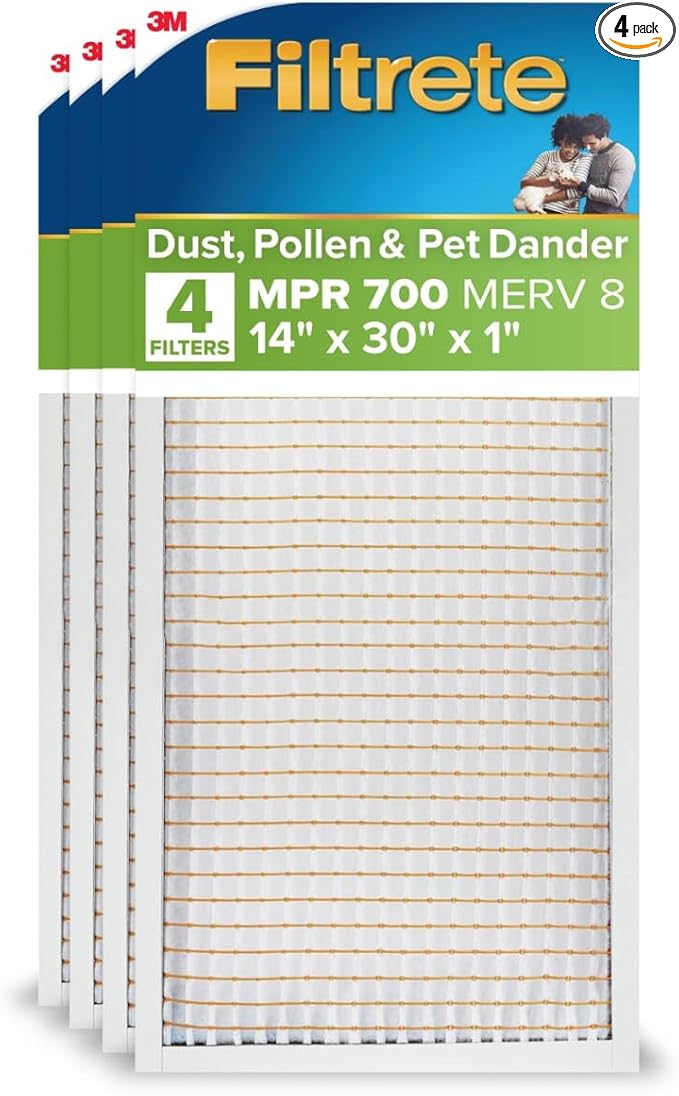 Filtrete 14x30x1 AC Furnace Air Filter, MERV 8, MPR 700, Tough on Pollen, Easy on Airflow, 3-Month Pleated 1-Inch Electrostatic Air Cleaning Filter, 4-Pack (Actual Size 13.813 x 13.813 x 0.8125 in )