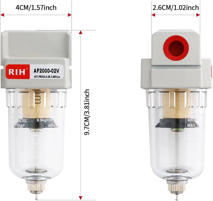 RIH 1/4" NPT Air Dryer for Compressor, Air compressor water separator,air compressor filter,AF2000-02 Manual Drain,5 Micron Brass Element, Poly Bowl 0-150 psi 5μm