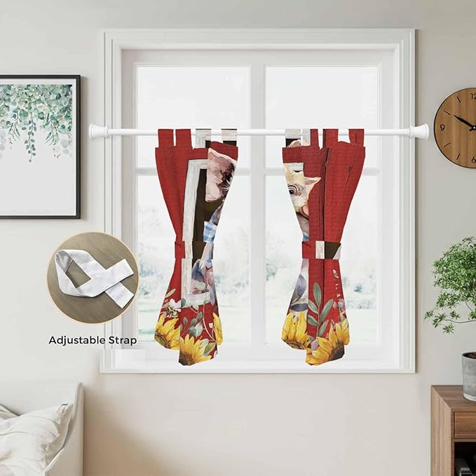 Pig Sunflowers Kitchen Curtains 45 Inch Length, Short Cafe Window Curtains Tab Top, Eucalyptus Leaves Floral Bees Red Barn Light Filtering Window Treatments Tier Drapes 27.5"x45" 2 Panel