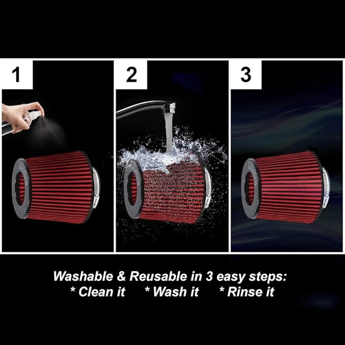 Universal 6" 152mm igh-Flow Air Filter, Reusable Cone Cold Air Intake, High Performance, Washable, Clamp-On Car High Flow Air Kit, Flange Diameter: 6 Inch, Filter Height: 7 Inch, Red