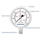MEASUREMAN Fully Stainless Steel Hydraulic Glycerin Filled Pressure Gauge, 2-1/2" Dial Size, 1/4" NPT Lower Mount, 0-60psi/kpa