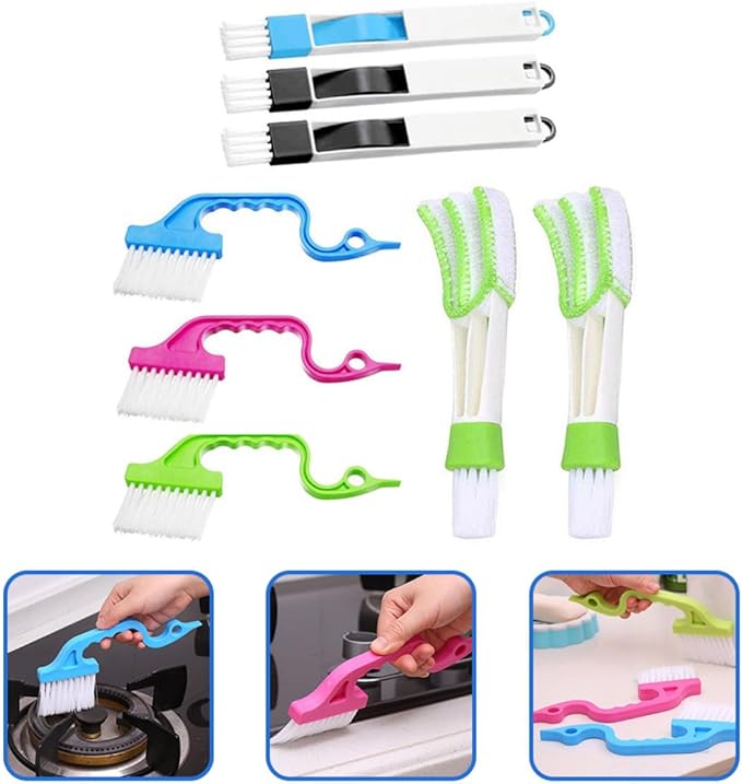 8pcs Window Cleaning Brush Set with Groove and Crevice Brushes for Wet and Dry Use, Multi-Functional Window Slot Scrubber Tools for Home and Car Cleaning