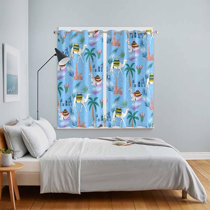 2 Panel Kitchen Cafe Curtains, Desert Landscape Sunlight Filtering Nature Air Through, Window Decor Tier Curtains for Living Room 104W x 84L inch Cute Camels Palm Trees Houses Leaves Blue