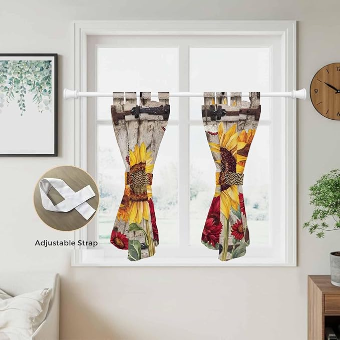 Sunflowers Kitchen Curtains 45 Inch Length, Short Cafe Window Curtains Tab Top, Retro Flower Barn Doors Butterfly Farmhouse Brown Light Filtering Window Treatments Tier Drapes 27.5"x45" 2 Panel