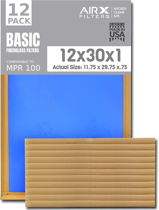 12x30x1 Air Filter Comparable to MPR 100 Basic Economy Furnace Filters, 12 Pack of Non Pleated Fiberglass Filter For Dust - Low Airflow Restriction! From AIRX FILTERS WICKED CLEAN AIR.