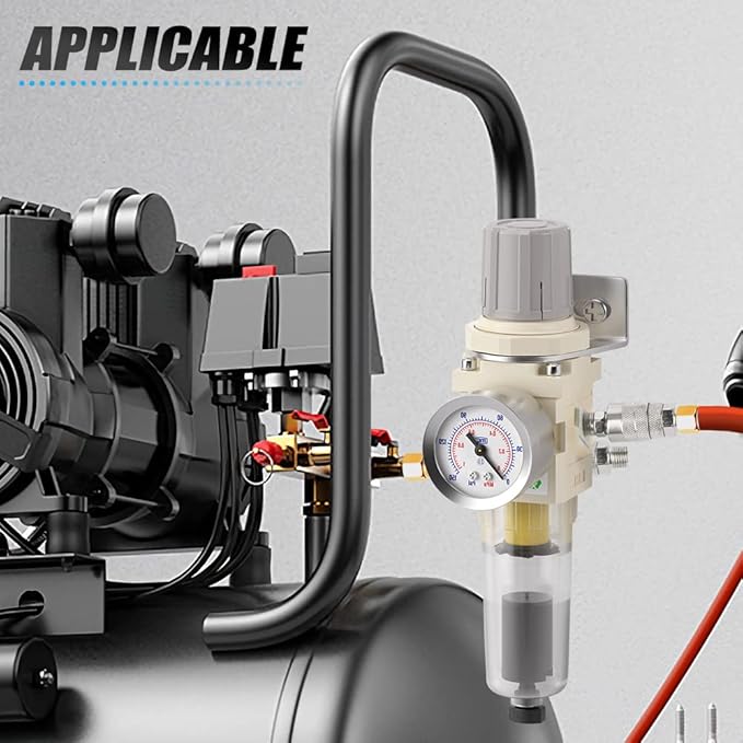 MEANLIN Air Compressor Moisture Filter, Automatic Drain Air Line Filter AW2000-02D, 1/4" NPT Inlet with 150 PSI Gauge and Valve Shut Off Switch for Air Tools and Spray Paint Gun