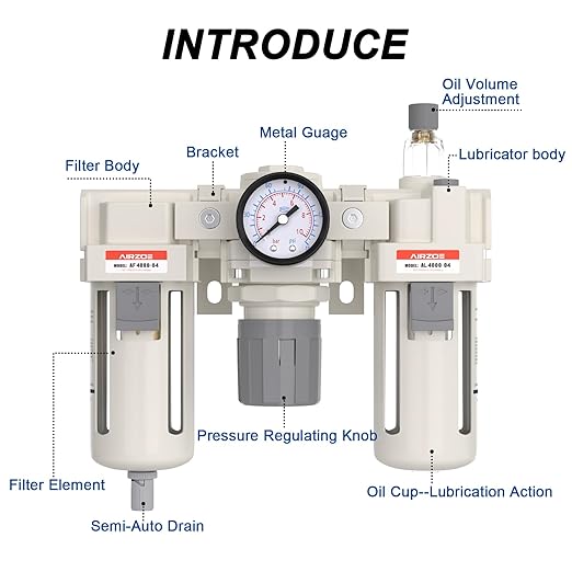 AIRZOE 1/2” NPT Air Compressor Filter, Regulator and Lubricator Combos FRL - Water Oil Trap Separator AC4000-04, 5 Micron Brass Element, Semi-Auto Drain, 0-150 psi Gauge