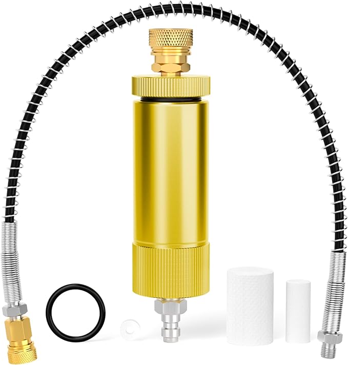 MEANLIN MEASURE 30Mpa Water-Oil Separator With 20 inch Spring Flexible Hose and 8MM & M10 Fast Connecting Internal Thread Mother Head For High Pressure Air Compressor Pump Yellow