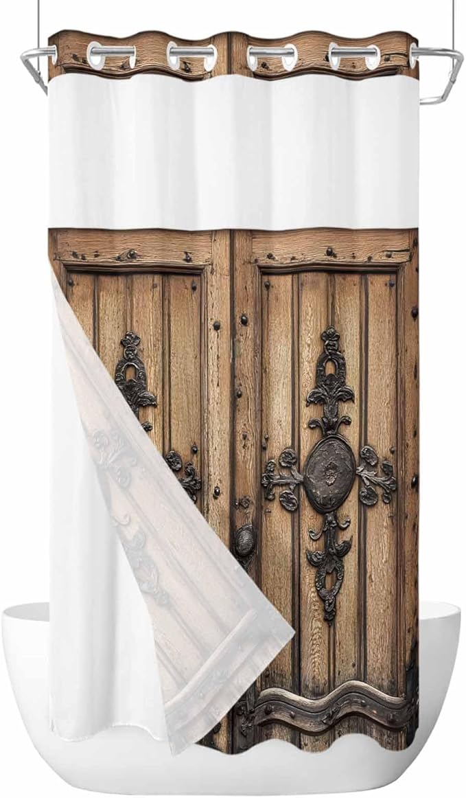 Wood Barn Door No Hook Shower Curtain with Snap in Liner Set, Waterproof Shower Curtains for Bathroom, Wooden Plank Fabric Shower Curtain, See Through Mesh Top Window, 36" W x 78" L