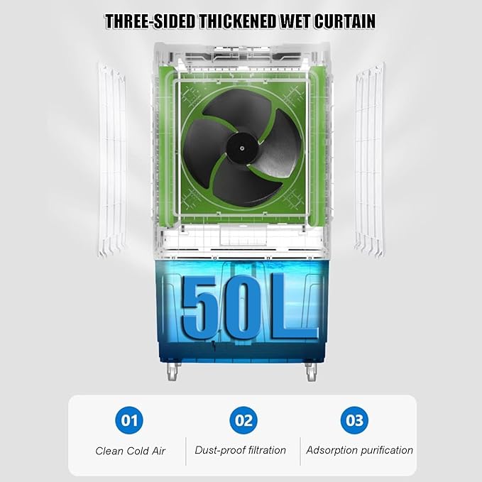 Portable Evaporative Air Cooler with 4 Wheels, Large Water Tank, Wide Oscillation, Multiple Speeds for Large Room Cooling