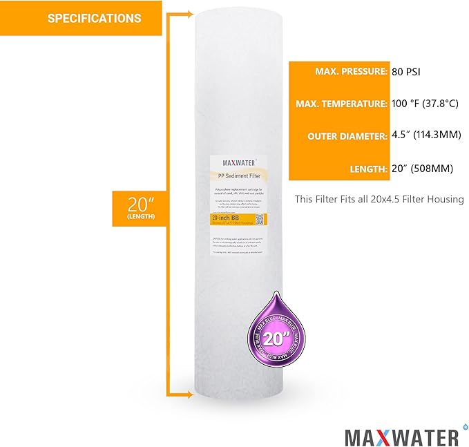 Max Water 10 Micron 20 x 4.5 Sediment Filter 20 inch Whole House BB Water Filteration System Replacement Compatible Cartridge DGD-5005-20, FP25B, AP810-6, FPMB5-20, P5-20, 155358-43, SDC-45-2005