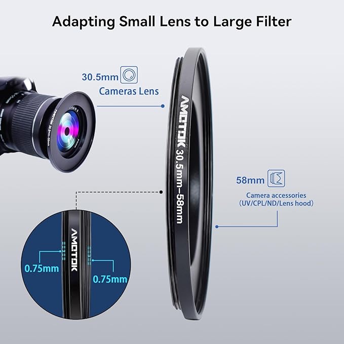 30.5mm Lens to 58mm Camera Lens Adapter,30.5mm to 58mm Filter Step up Ring Adapter Ring,Compatible All 58mm Filter Accessory