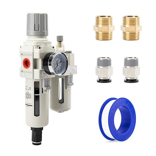 3/8" NPT Air Compressor Water Separator Regulator Filter Combo Compressed Air Filter Dryer Pressure Regulator with Gauge(0-150 psi) Poly Bowl Auto Drain Bracket - 3 in 1 Two Unit