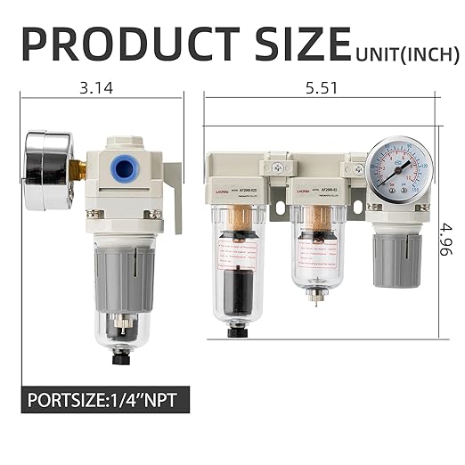 Air Pressure Regulator 1/4 NPT,Air Compressor Water Separator(0-150PSI),Air Compressor Dryer Auto Drain+Manual Drain-Double Air Filters