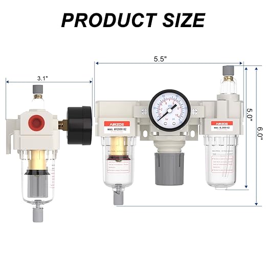 AIRZOE 1/4” NPT Air Compressor Filter, Regulator and Lubricator Combos FRL - Water Oil Trap Separator AC2000-02, 5 Micron Brass Element, Semi-auto Drain, 0-150 psi Gauge