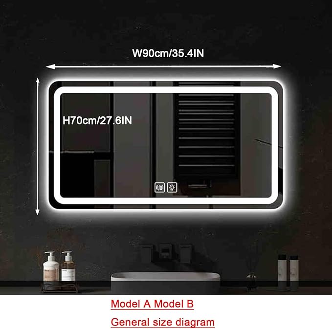 Bathroom Mirror with LED Lights，LED Bathroom Mirror，Illuminated Led Bathroom Mirror with Demister Pad，Illuminated LED Bathroom Mirror,3 Colours Backlit Makeup Mirror(B,H70*W90cm/H27.6*W35.4IN)